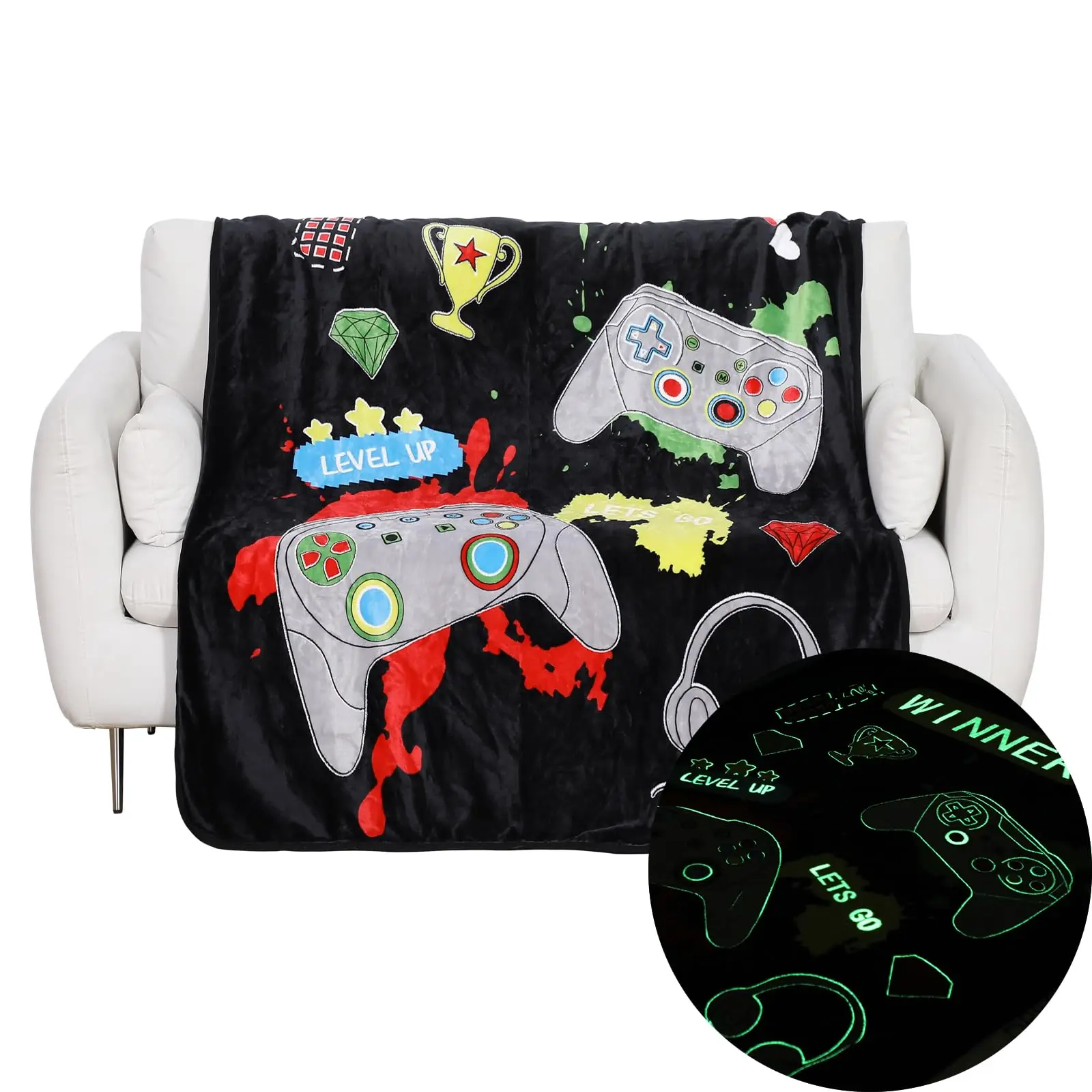Glow in The Dark Gaming Blanket Gamer Gamepad Gifts For Kids Boys Teens Game Controller Luminous Blankets Throw