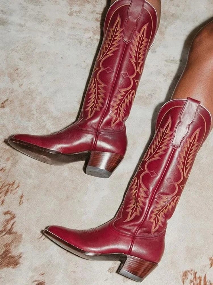 BUSY GIRL XY4355 western boots leather embroidery knee high cowboy boot outdoor horse party shoes thick heels women boots cowboy
