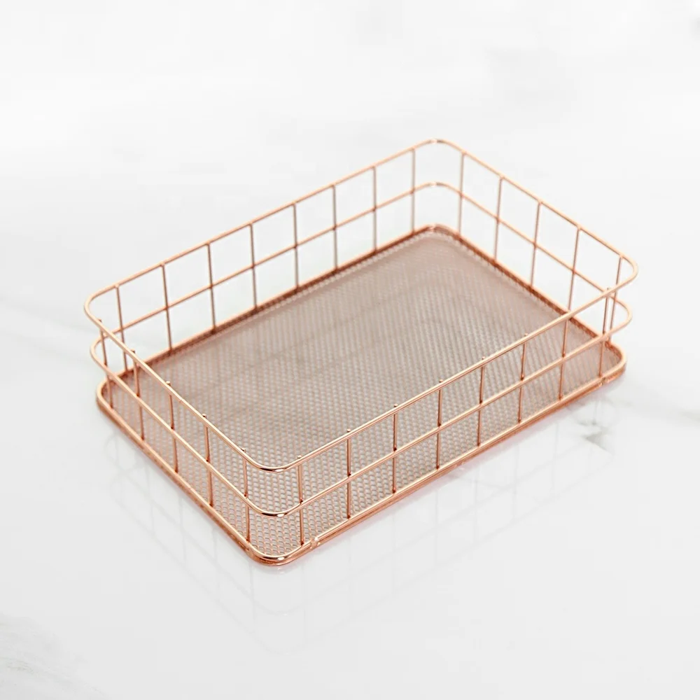 Wire Organizer Basket Iron Foldable Customized Package Storage Baskets Rose Gold Rectangle Metal Modern Customized Color 2set