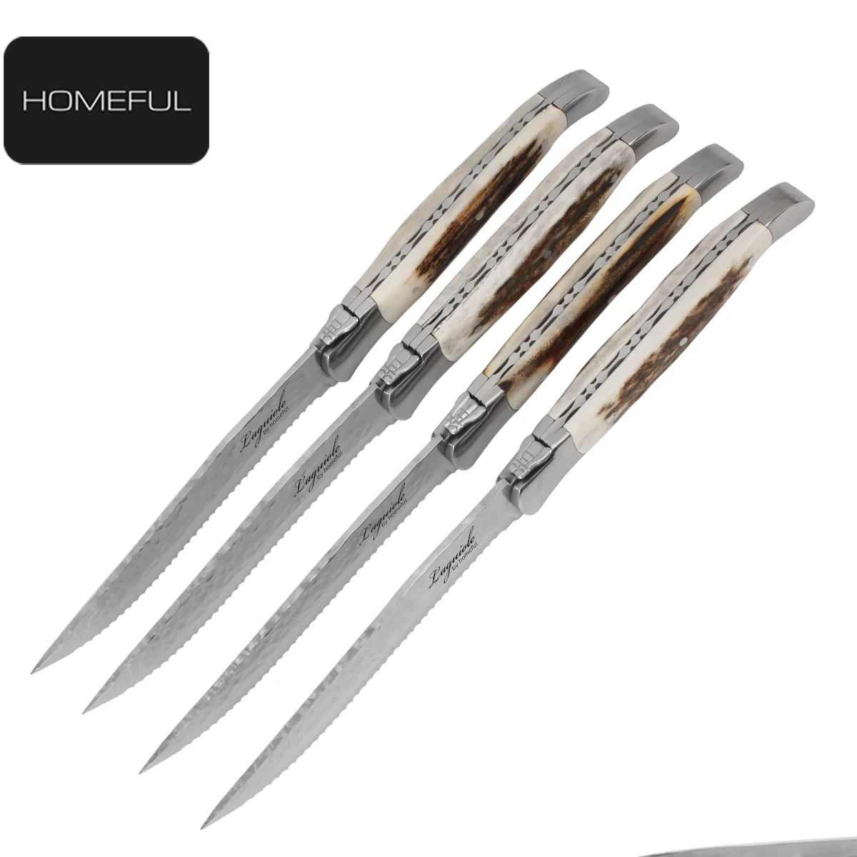 Laguiole Luxury Stainless Steel BBQ Serrated Steak Knife Set Premium Quality Kitchen Knife with Wood Bone Handle and Laser Logo