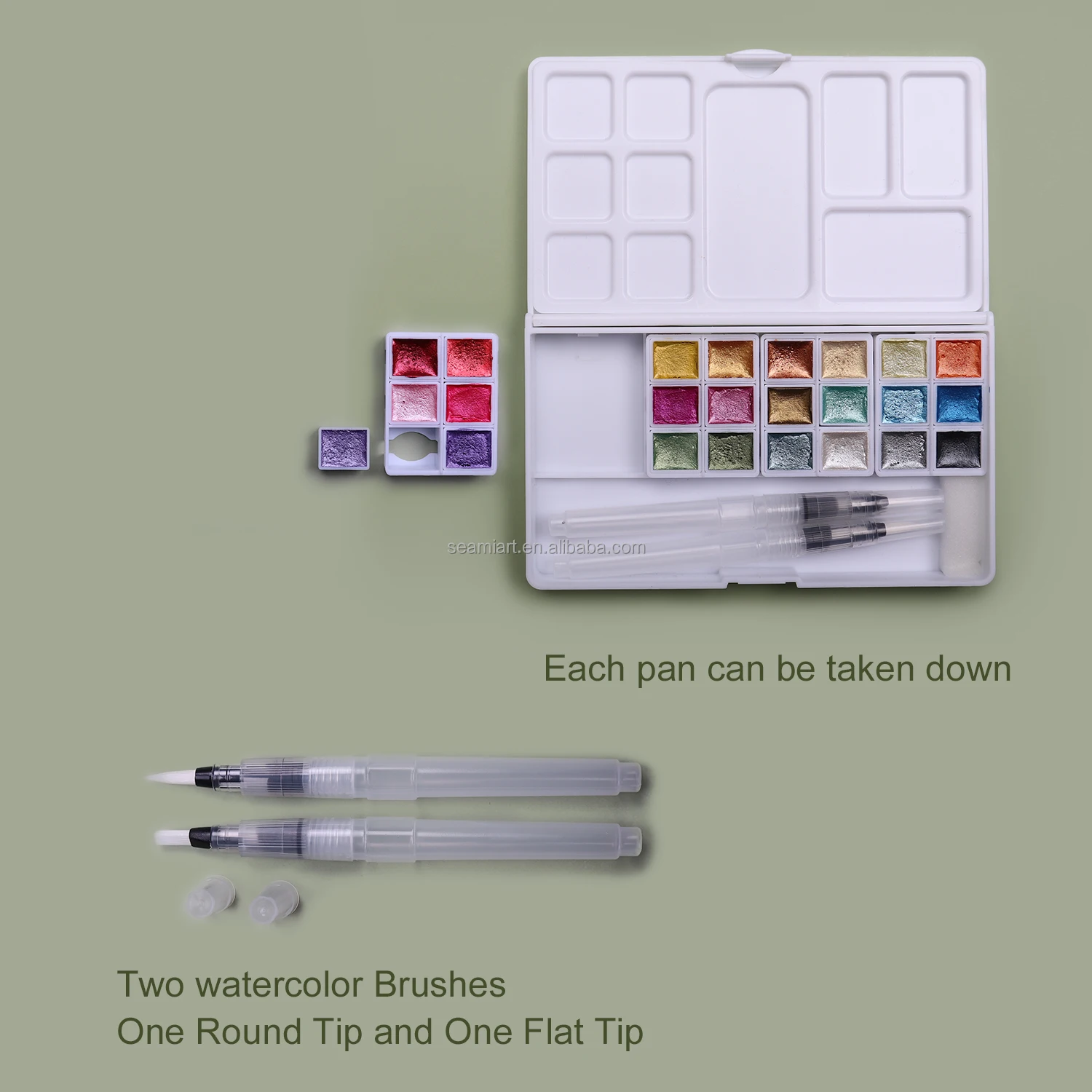seamiart 24 Color Glittery solid watercolor kit pearl metallic paint pan Set with 2pc water brushpen &Palette acuarelas aquarela