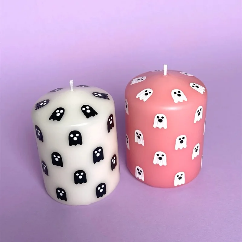 Huaming 2-Inch Cylinder Halloween Ghost Soy Pillar Candles Handmade Festival Decor Cute Cartoon Stickers Paraffin Christmas