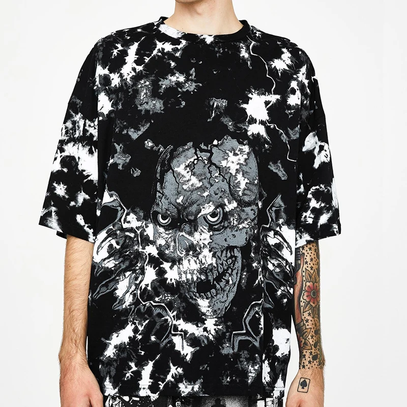 
Wholesale tie dye screen print skull pattern streetwear oversize t shirt 