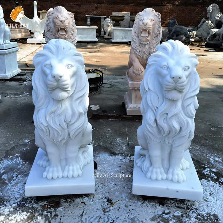 High Quality Hand Carved Decorative Outdoor Marble Stone Sitting Lion Sculpture Life Size