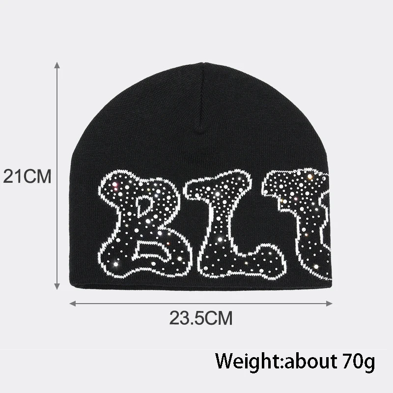High Quality Custom Printed Logo Letter Bling Bling Diamond Rhinestone Knitted Jacquard Beanie With Rhinestone
