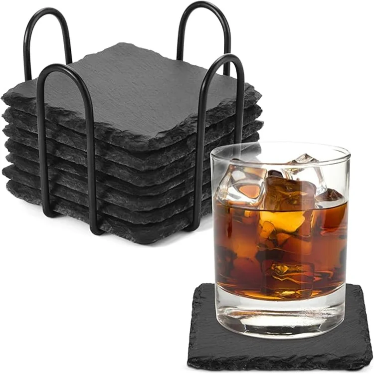 Slate Coasters Bulk Round Black Absorbent Square Blank Wholesale Beer Cup Stone Coffee Custom Drink Slate Coasters With Holder