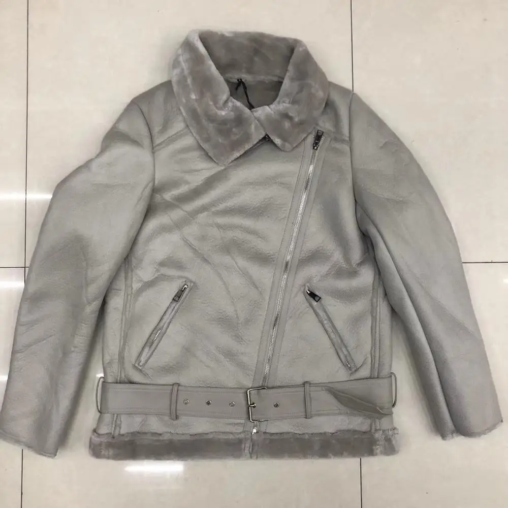 Ladies Women Sheepskin Aviator Flying Leather Jacket Warm Filling Fur Coat Jacket Biker Style Bomber Double Collar Jacket