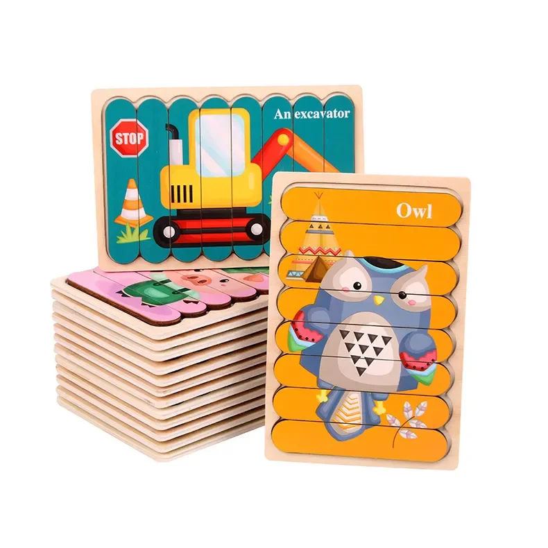 Factory direct sale baby kids toys for educational learning montessori children creativity strip shape 3d wooden jigsaw puzzles