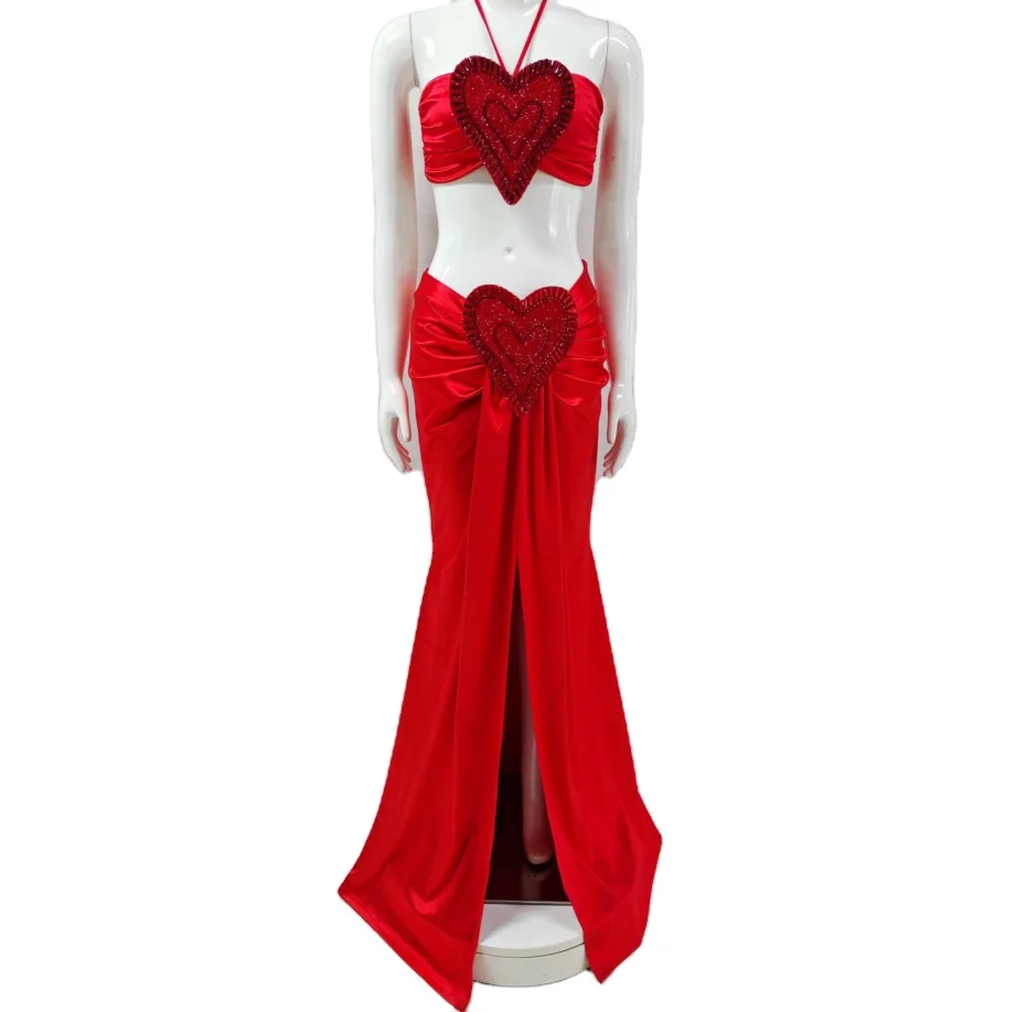 A9426 Guangzhou Supplier Sexy Party Club Two Piece Short Top and Long Skirt Set Heart Diamonds Red Evening Women Set