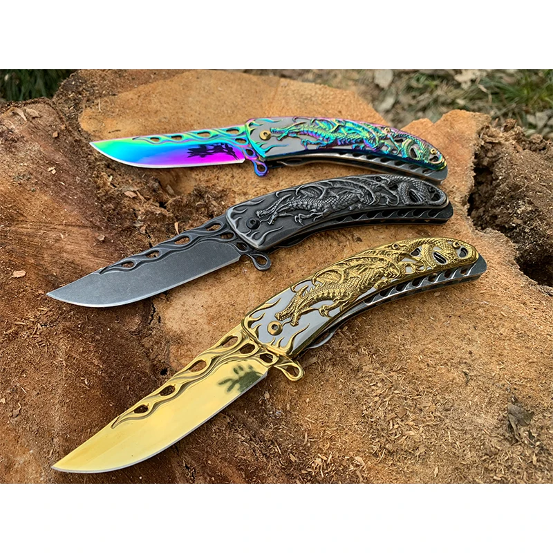 High Quality Folding Knife Dragon Pattern Colorful Titanium Pocket Survival  Knives