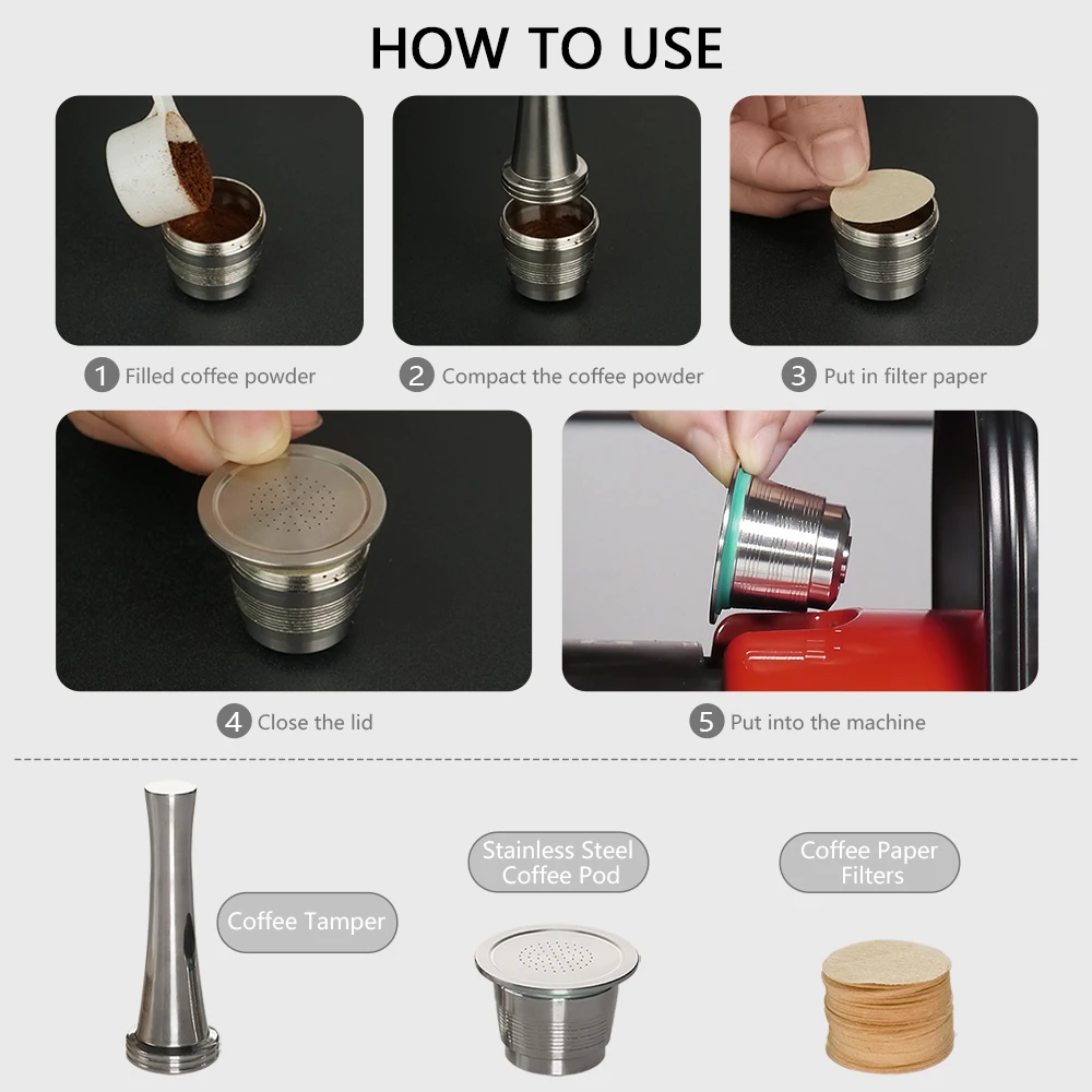 Customized 1Set Reusable Coffee Capsule Compatible With Nespresso Espresso Machine Coffee Filter Paper Coffee Capsule