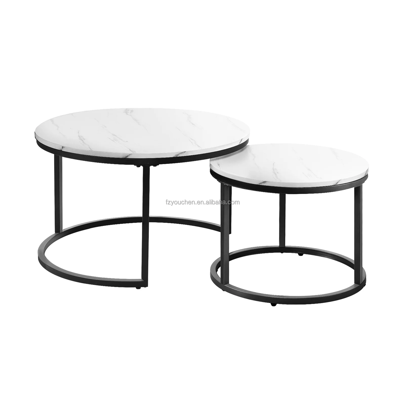 Reclaimed Oak Round Modern Nesting Coffee Set of 2 Living Room Accent Tables with Tabletops and Matte Metal Frame