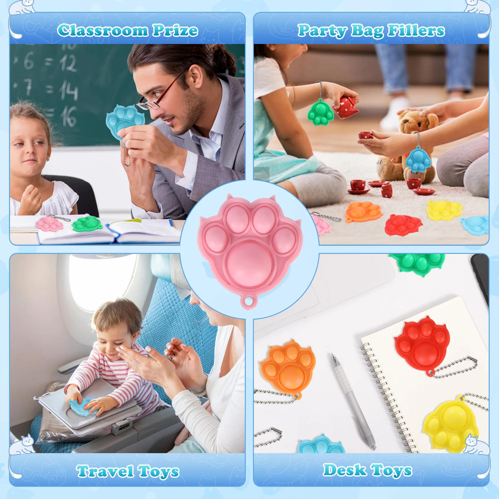 30 PCS Pop Fidget It Keyrings, Mini Silicone Cat Claw Design Pop Sensory Toys, Birthday Class Gifts Party favour for Girls Boys