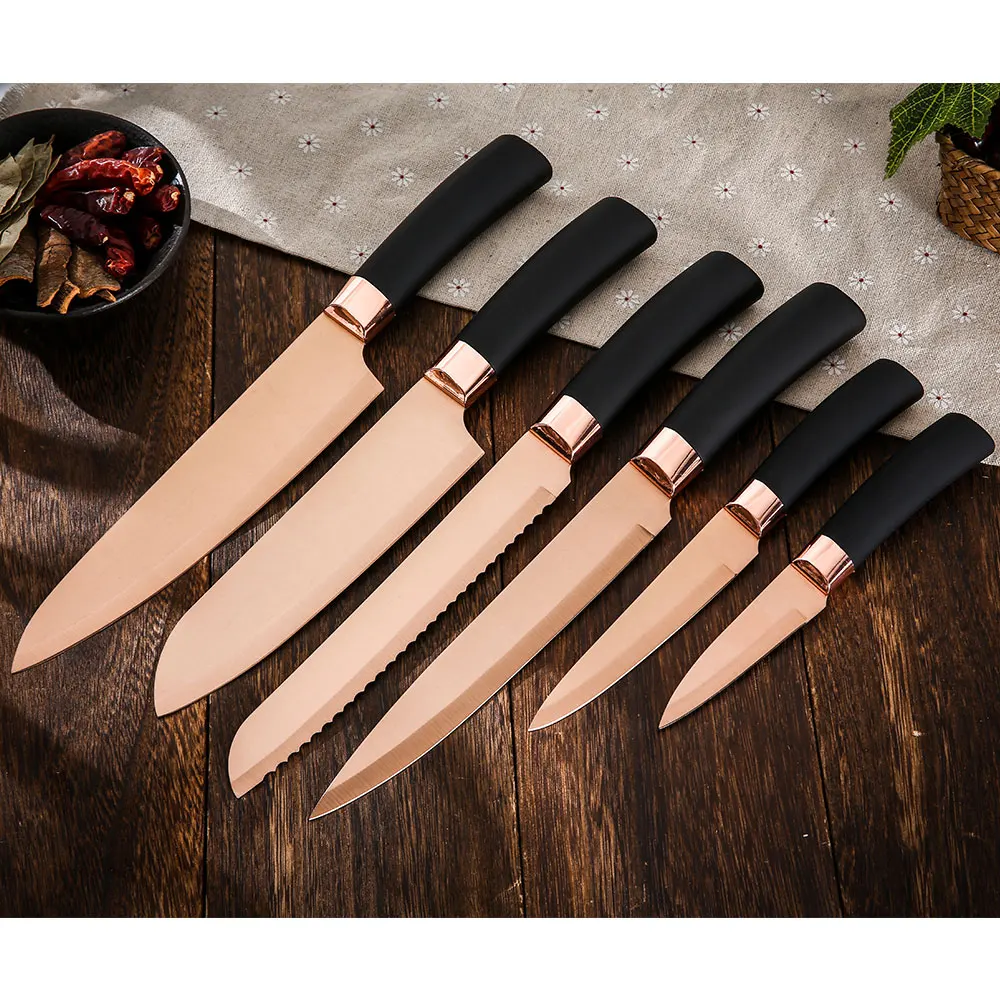 Factory Supply 6-Piece Rose Gold Titanium Coating Forged Knife Set Classic Design with PP Handle Sharp Cutting Kitchen Knife Set