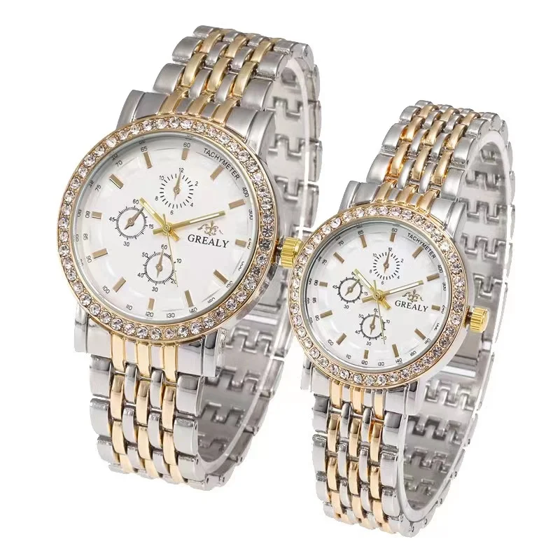Stylish casual business temperament luxury diamond encrusted couples steel belt quartz twain