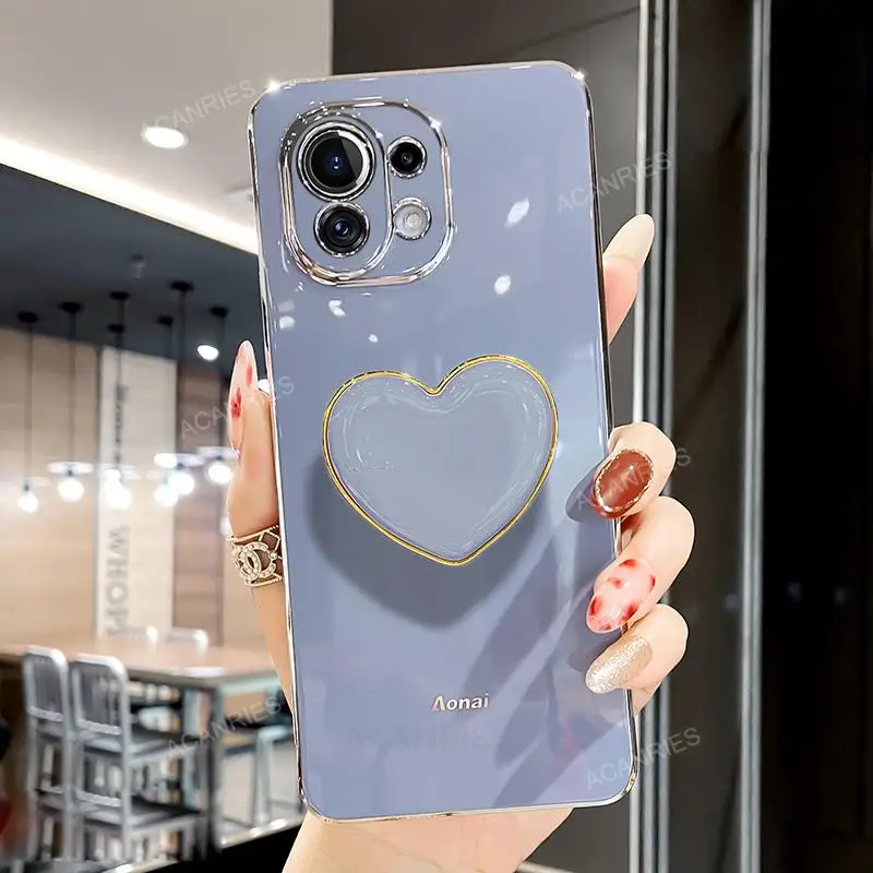 Phone Case On For Xiaomi redmi note 9 8 7 pro 9s note9 s note8 2021 Plating Love Heart Fold Holder Luxury Stand Silicone Cover