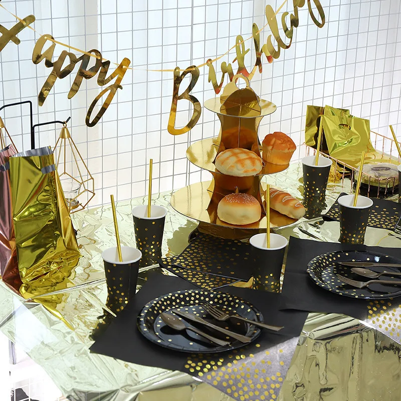 Gold Plastic Forks Knives Spoons and Golden Dot Black Paper Plates, Black Napkins Cups for Graduation, Birthday, Wedding