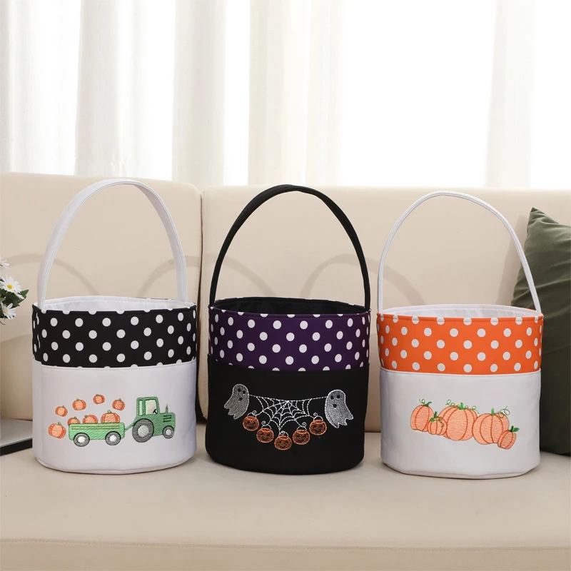 Decoracion Halloween Basket Kid Trick or Treat Bag Candy Polka Dot Orange Halloween Bucket