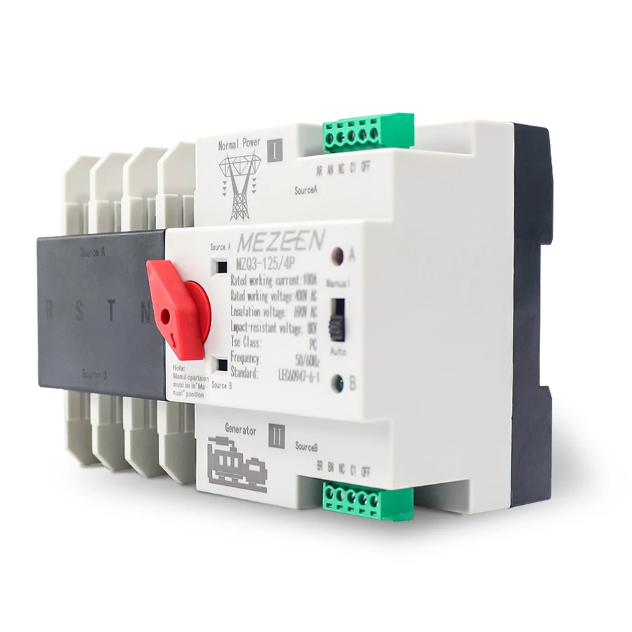 MZQ3-4P 125A Din Rail ATS Dual Power Automatic Transfer Switch MEZEEN Changeover Switch Isolating Disconnect Switch