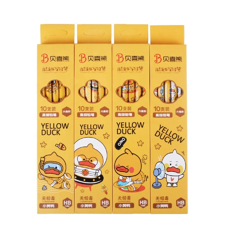 Cheap cartoon yellow duckk HB lead wooden 10pcs school pencil set for kids