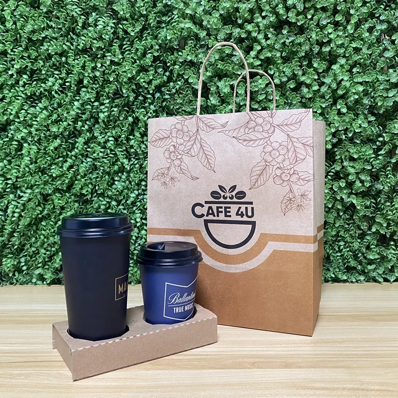 AT PACK 2024 Coffee Shop Supplies Eco-Friendly Material Coffee Paper Cup Takeaway Cup Holder With Paper Bag