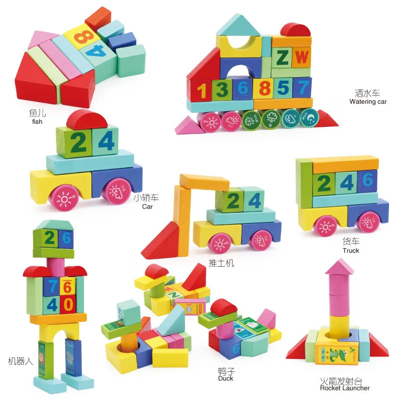 Wholesale Wooden Building Blocks Toy 100 Pieces Bucket Set with Numbers and Letters Educational Early Learning Toys Dropshipping