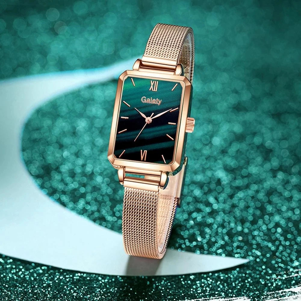 Customized Low MOQ Fashion Square Ladies Quartz Watch Bracelet Set Green Dial Simple Rose Gold Mesh Luxury Women Watches