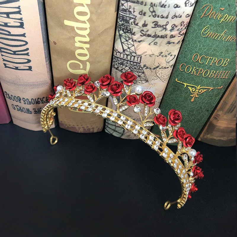 Bridal Accessories Wedding Gold Crown Pearl Red Rose Flower Crystal Tiaras