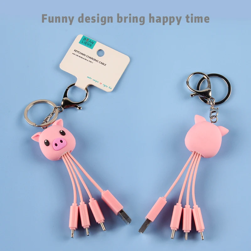 
Cartoon pig animal trend keyring all in one charger cable fast charging custom 3in1 4in1 charger cable 