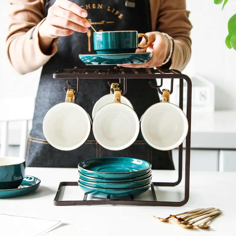 Green Solid Color Gold Edge Design Creative Ceramic Tea Mug Ceramic Cup Spoon Plate Set