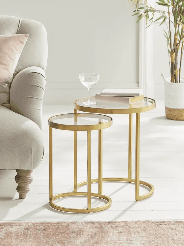 Factory Custom Luxury Two Glass Topped Nesting Table Gold