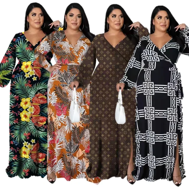 Fall 2021 New Arrivals Autumn Fashionable Elegant Digital Print Sexy Waist Maxi Dress Casual Dresses Women Plus Size