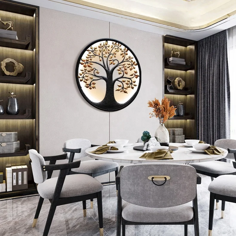 2022 New Trends Round Luxury Led Light Tree of Life Metal Wall Art Decoration