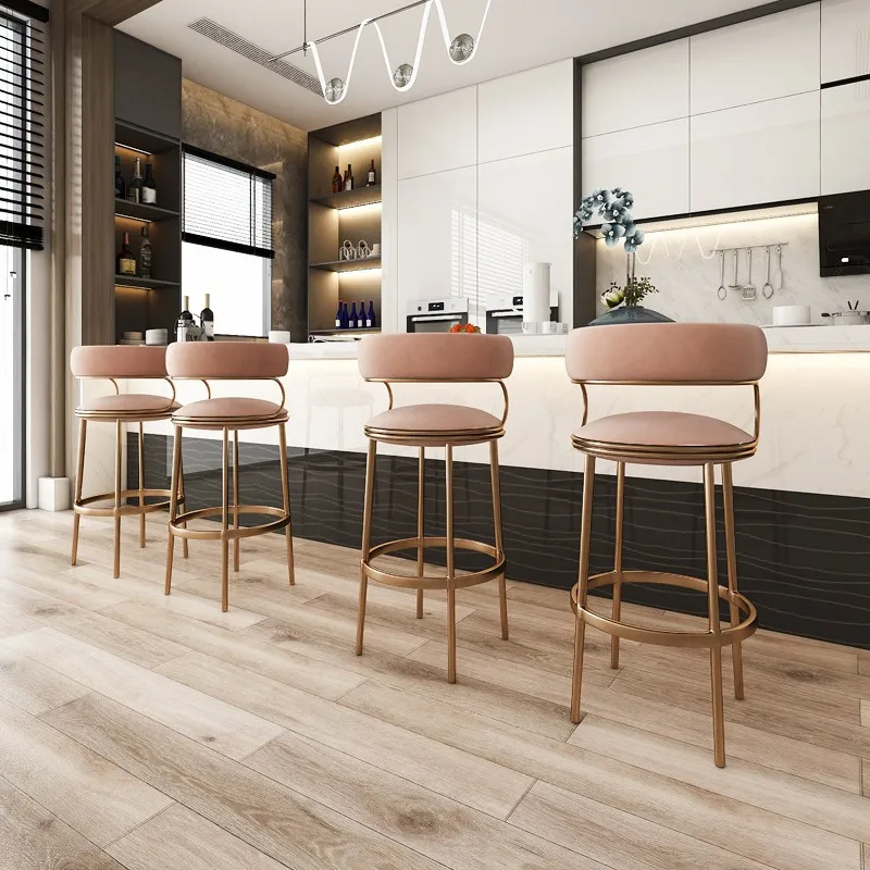 upholstered velvet fabric cushion Velvet Polished Stainless Steel stationary meta foot Pedal Golden High back Bar chair stool