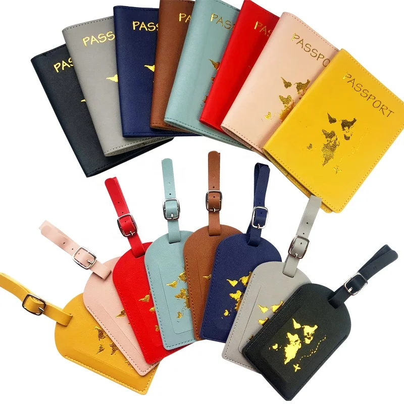 2024 Map Gold Logo luggage Tag Travel wallet Passport Holder PU Leather Passport Holder Cover And Luggage Tag Set