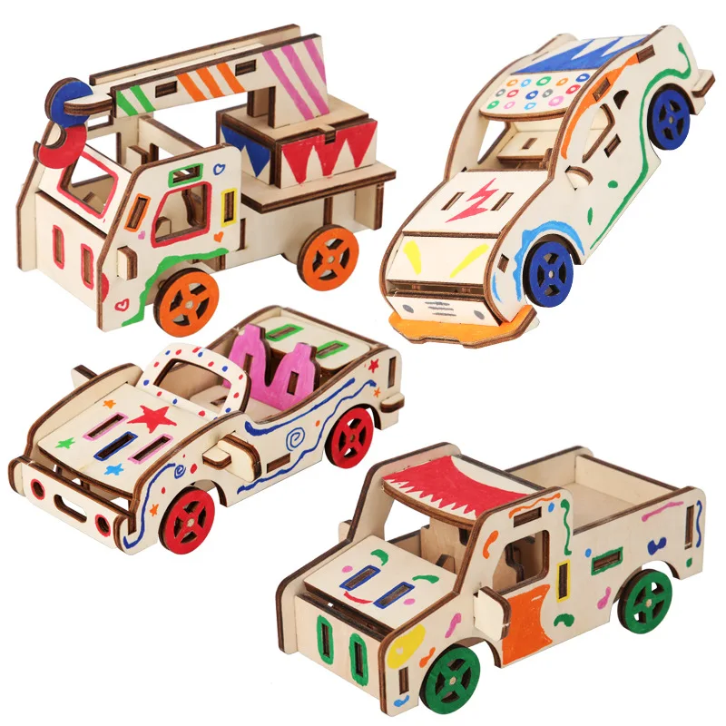 2024 new Car assembly game wooden 3d puzzle car assembling and DIY graffiti toy for kids