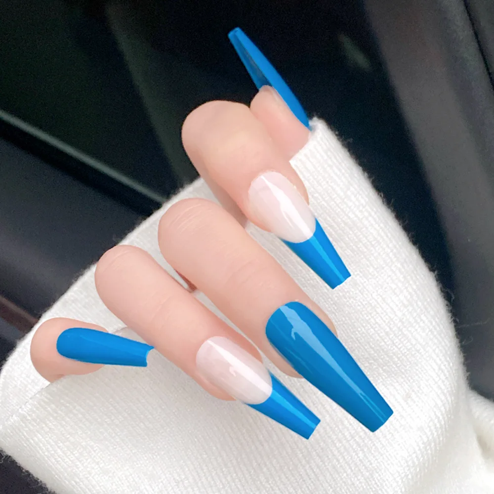 Private logo 24pcs/box New arrival long coffin press on nails waterproof fake nails with jelly glue 3D fake nails