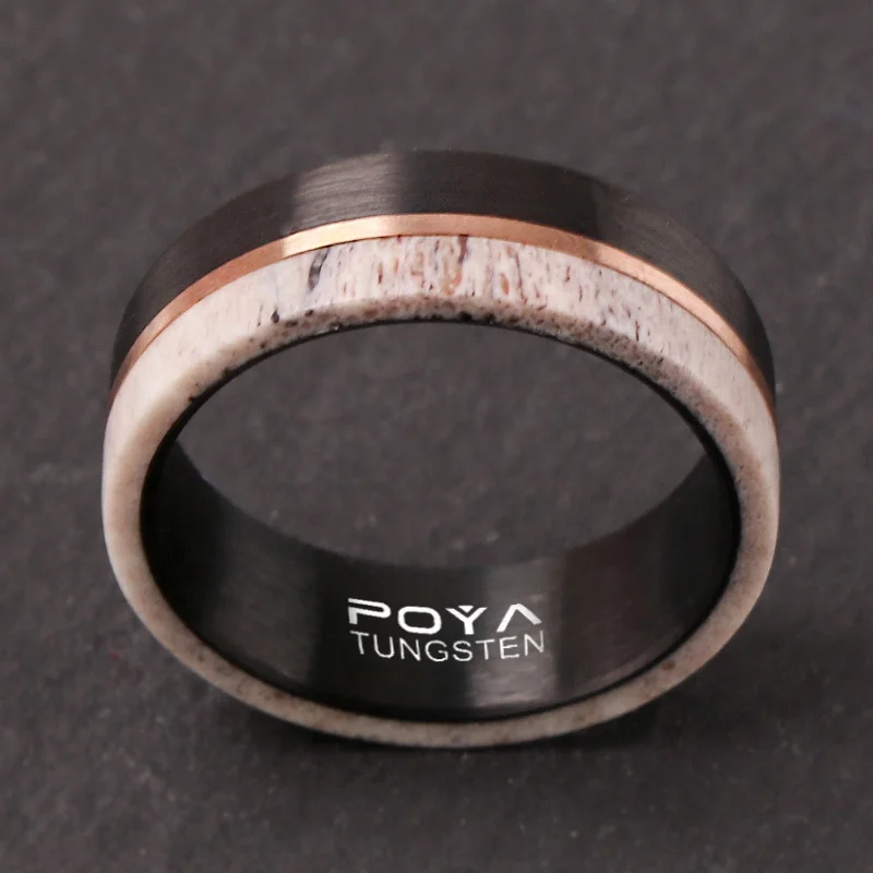 POYA Custom 8 мм Олень Рог золотая линия инкрустация вольфрамовое Кольцо мужское черное охотничье обручальное кольцо