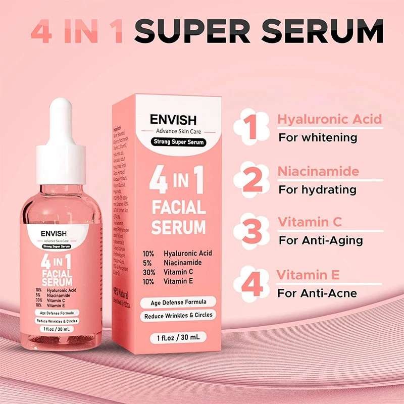 New Skin Care Serum Facial 4 in 1 Whitening Anti Age Face Serum with 30% Vitamin C 5% Niacinamide 10% Vitamin E Serum