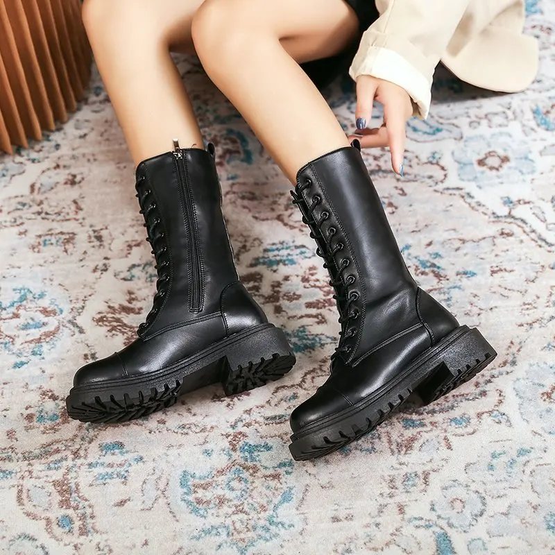 New Stylish Flat Bottom Ladies Motorcycle Boots Female British Style Round Toe Lace Up Side Zipper Knight Boots For Women