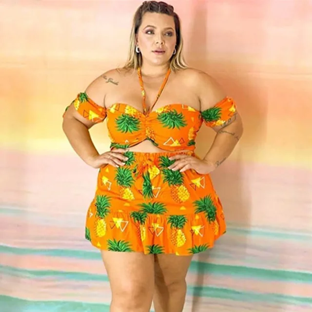 
2021 Summer Pineapple Pattern Halter 2 Piece Skirt Set Women Cropped Top Short Sleeve Matching Set Top And Skirt Plus Size 