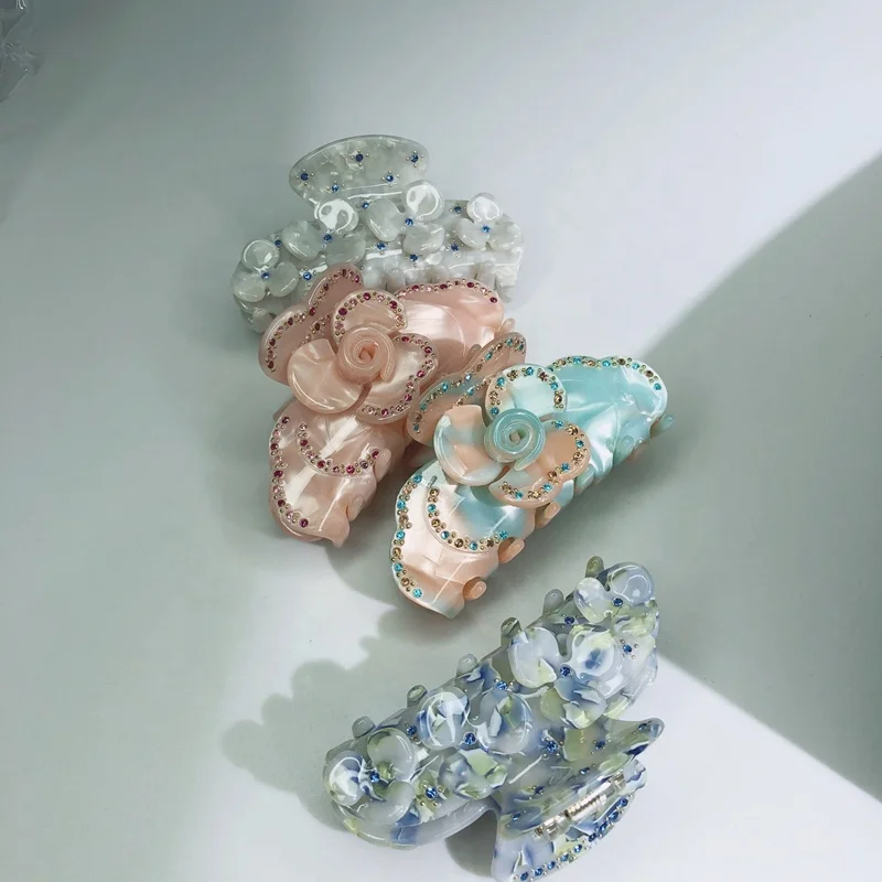 PEICHI new design crystal big flower clips rhinestone hair claw clip acetate and acrylic hair accessories for girls