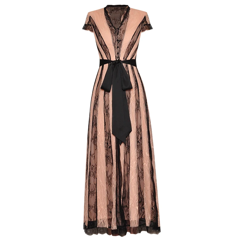 
V Neck Short Sleeve Contrast Color Perspective Lace Stitching Lace Up Waist Elegant Long Dress 