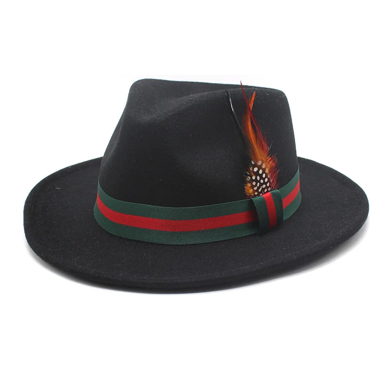 Wholesale  New Trendy Green Red Stripe Ribbon Feather Short Brim Fedora Hats for Men Fit Fashion Suits