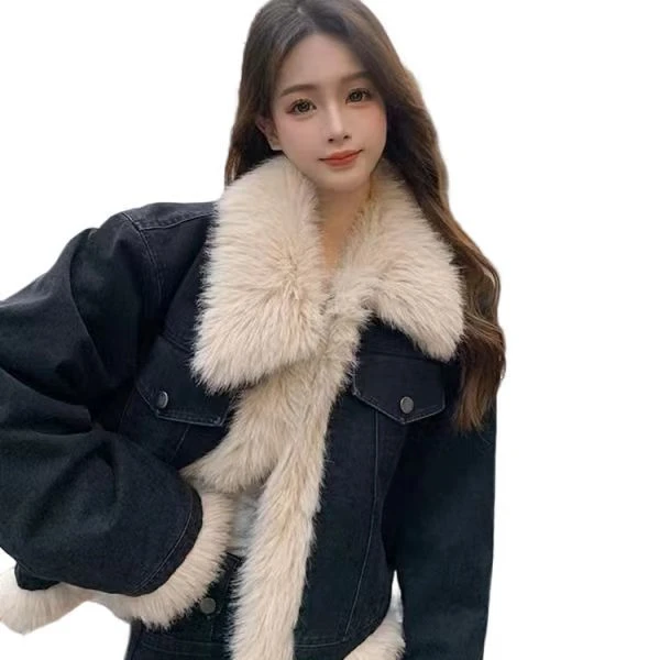 Hot selling short denim paneled wool top with thick cotton clothing autumn and winter new plush fur coat for women