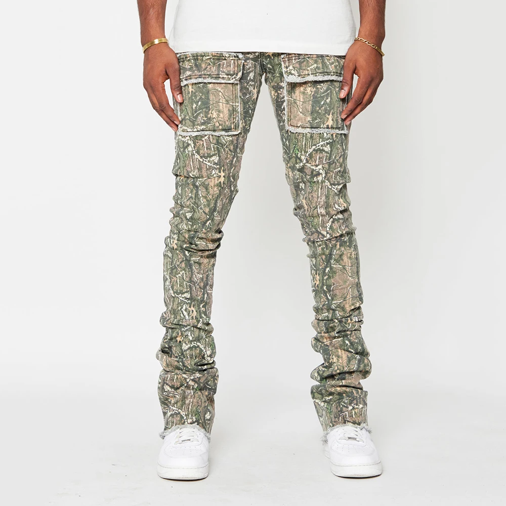 Customized fashion jeans high-quality street style camo loose stacked jeans casual jeans