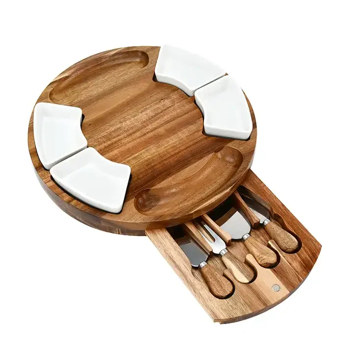 Acacia Wood Cheese Board Set with Slate Round Charcuterie Board Cheese Serving Platter with Slide-Out Drawer