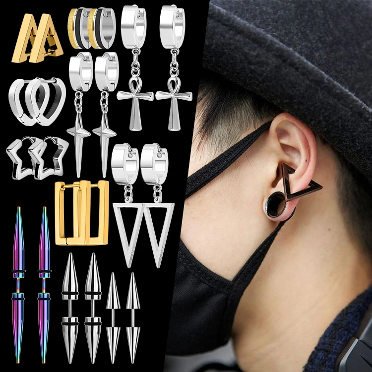 Wholesale Men Earrings Black Gold Silver Color Stainless Steel Polygonal Clip On Earrings Geometric Square Triangle Earrings