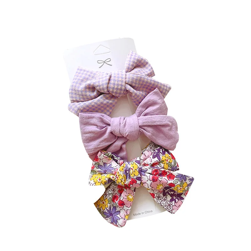 Korean Children Small Fresh Floral Bowknot Hairpin Large Plaid Floral Solid Color Bow Hair Clip Set