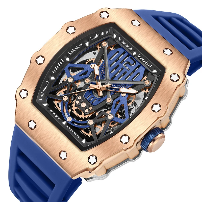 Cool Tonneau Skeleton Design Mechanical Watches For Men Silicone Band Alloy 3 ATM Waterproof Sport Watch